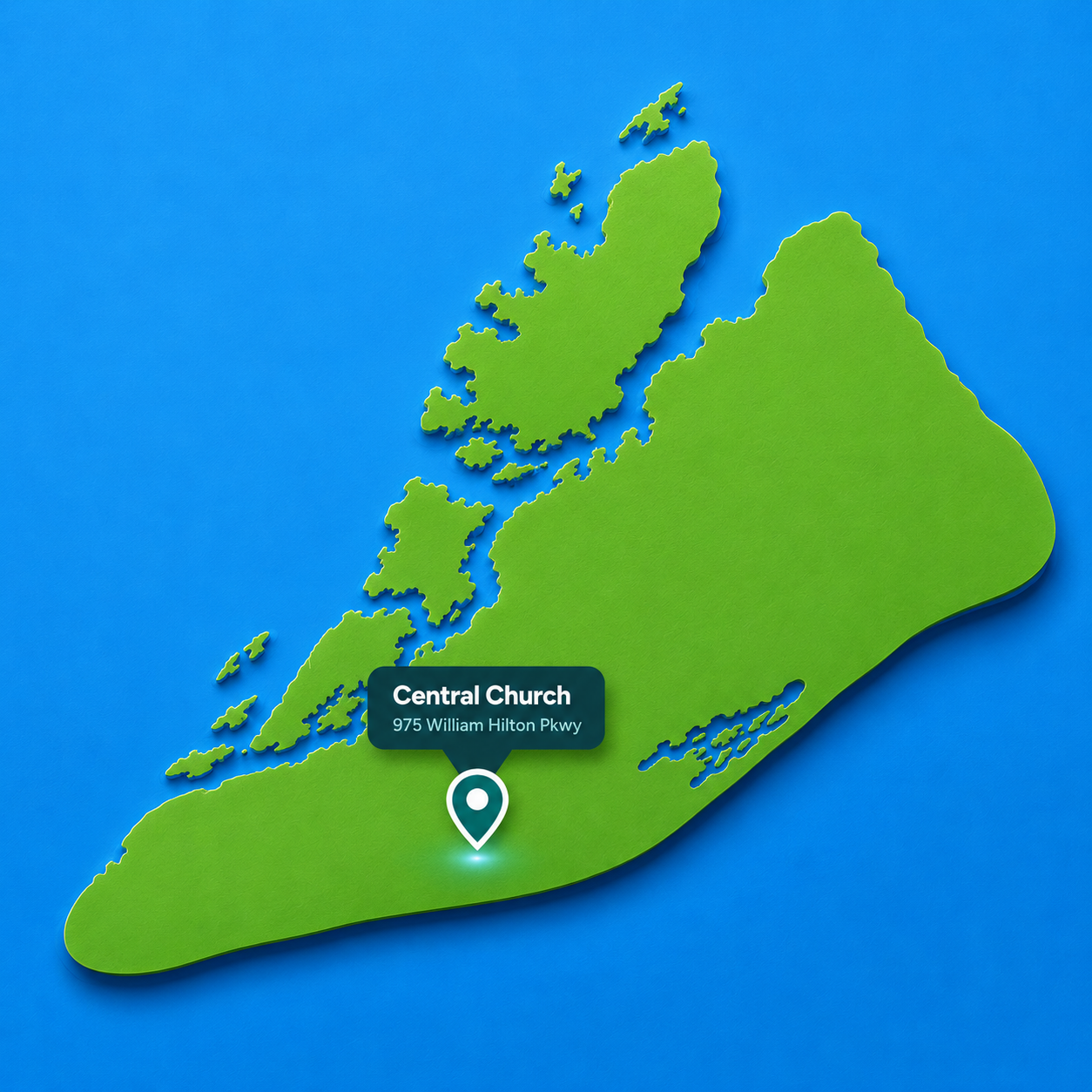 Map of Hilton Head Island showing Central Church at 975 William Hilton Pkwy